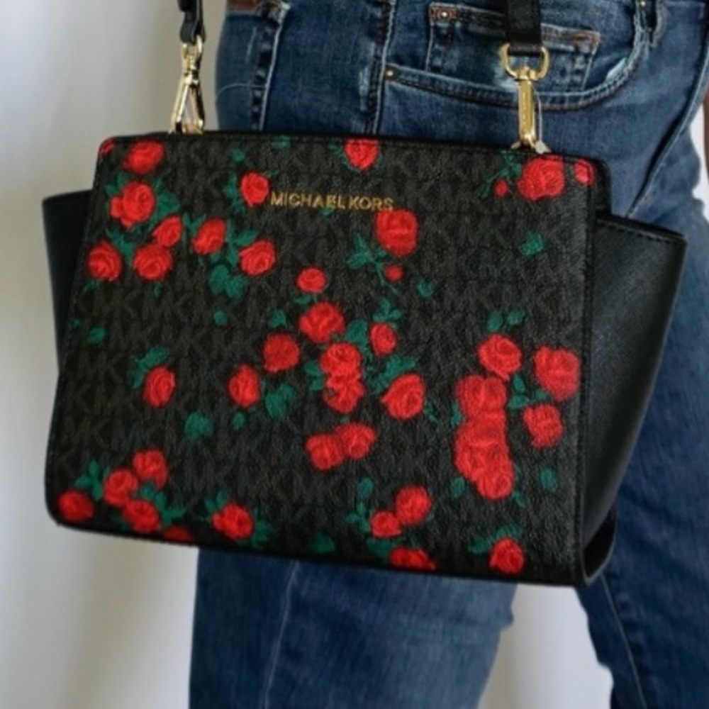 MICHAEL KORS MEDIUM SELMA 🌹 ROSE PRINT BLACK LOGO MESSENGER CROSSBODY BAG NWT